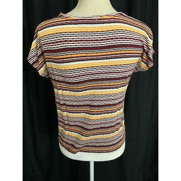 Zara Womens Yellow White Burgundy Striped V Neck Short Sleeve Top T Shirt Small - Picture 4 of 6